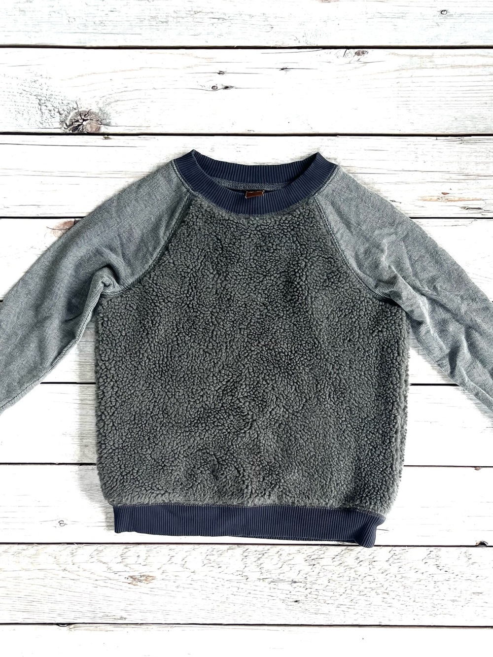 Tea Collection Gray Sherpa Pullover with Navy Trim